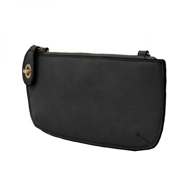 Black handbag with a gold clasp on a white background