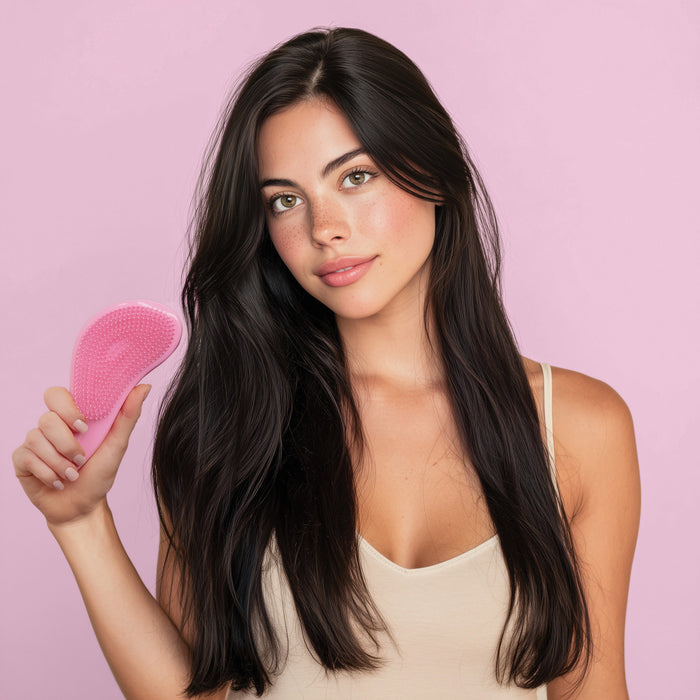 Woman holding a pink hairbrush against a pink background