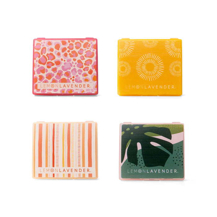 Four colorful soap bars with different designs and 'Lemon Lavender' branding on a white background.