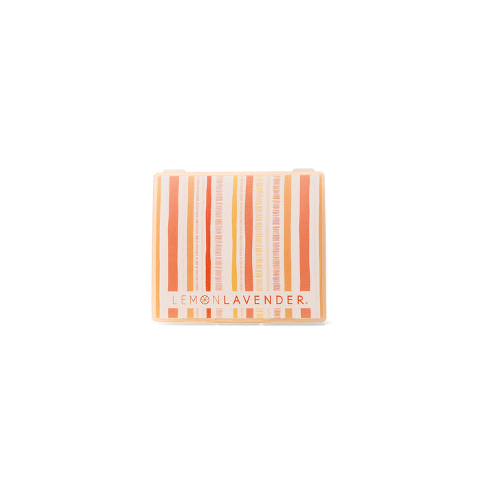 Rectangular soap with striped pattern and 'Lemon Lavender' branding on a white background
