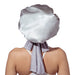 Person wearing a large white satin head wrap on a white background