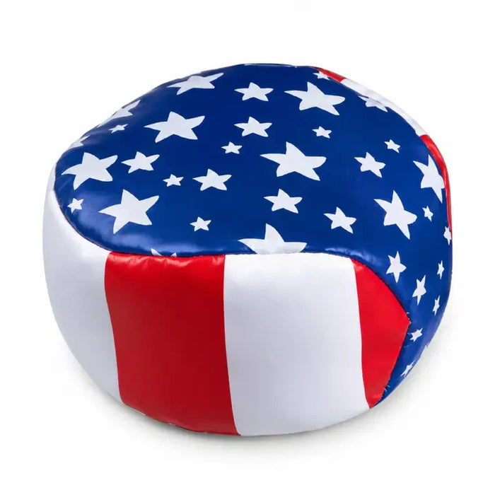Round bean bag with American flag design on a white background