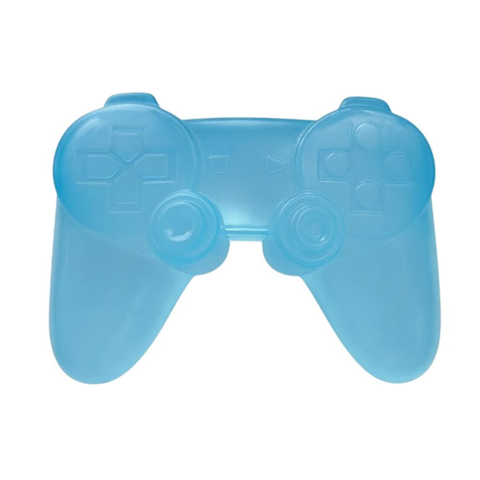 Blue plastic toy resembling a gaming controller on a white background