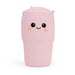 Pink plush toy with a smiling face on a white background