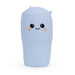 Blue squishy object with a smiley face on a white background