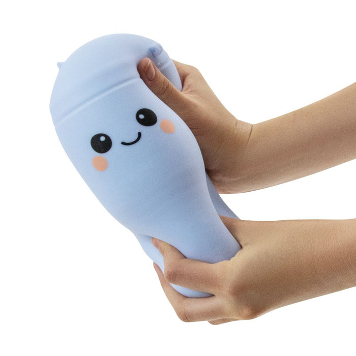 Hand holding a light blue plush toy with a smiley face on a white background