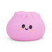 Pink plush toy with a smiling face on a white background
