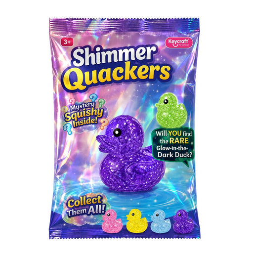 Shimmer Quackers packaging featuring an assortment of ducks on a white background