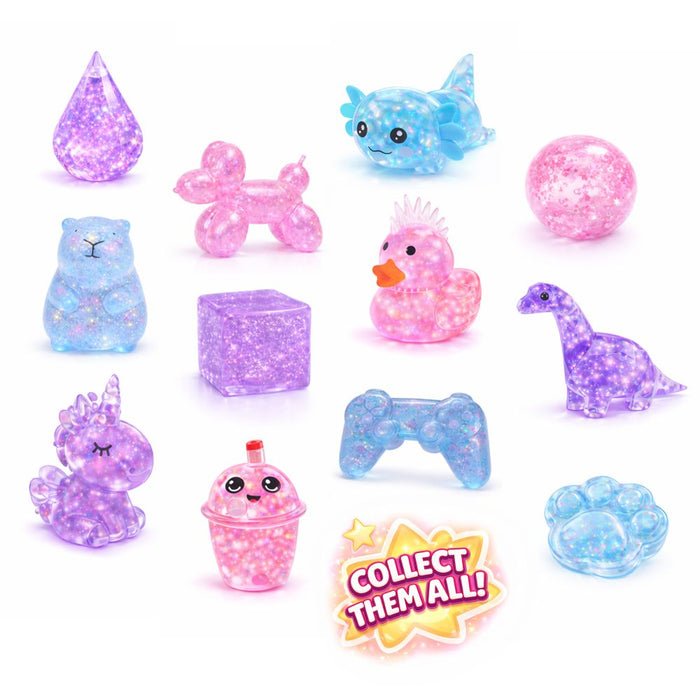 Collection of colorful glittery toys on a white background with 'Collect Them All!' text.