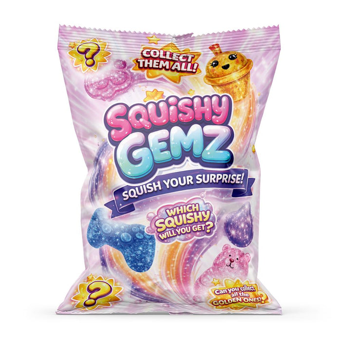 Squishy Gemz packaging featuring an assortment of objects on a white background