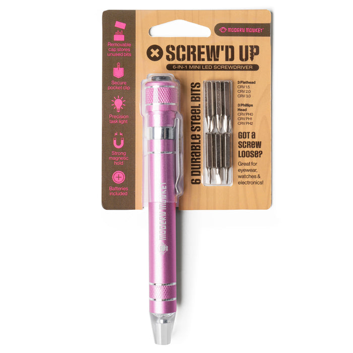 Modern Monkey®️ Screw’d Up 6-In-1 Mini LED Screwdriver pink