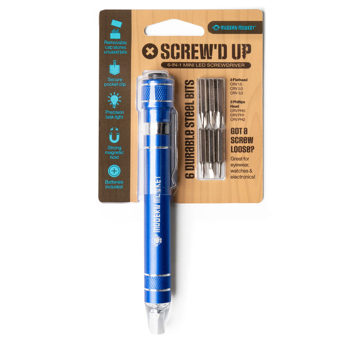 Modern Monkey®️ Screw’d Up 6-In-1 Mini LED Screwdriver blue