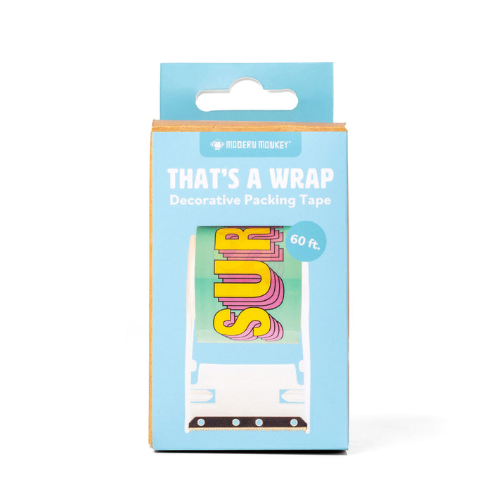 Decorative packing tape with colorful text on a blue packaging