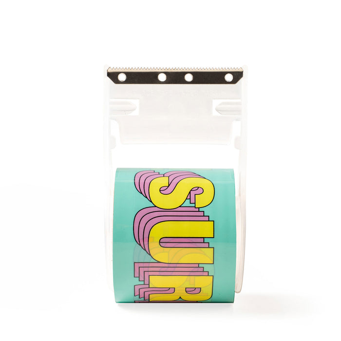 Clear plastic bag with colorful text on a white background