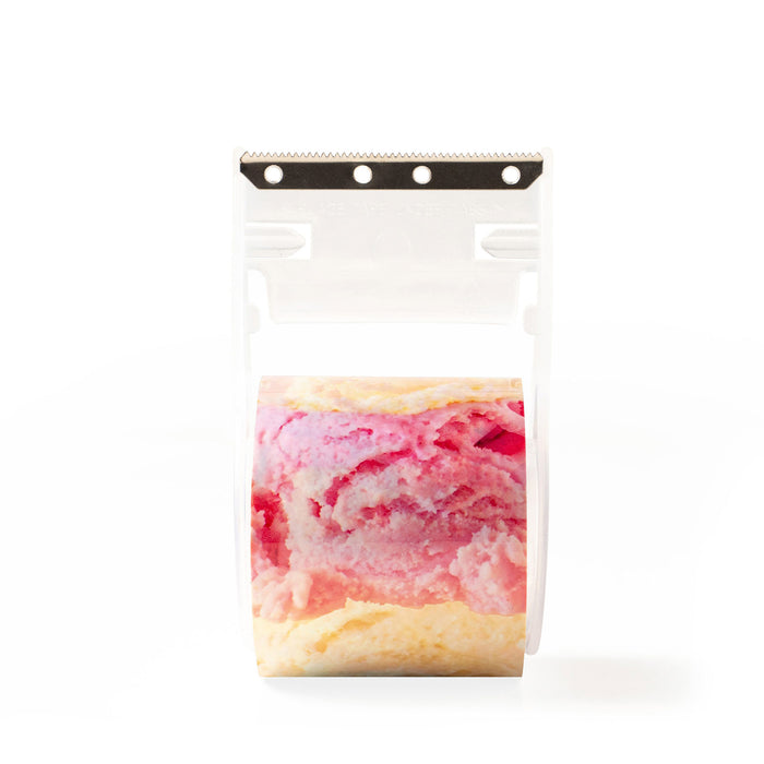 White stand-up pouch with pink and yellow marbled product on a white background