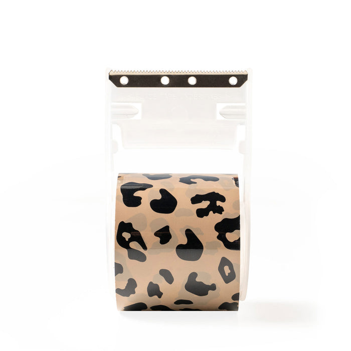 Clear plastic bag with leopard print pattern on a white background
