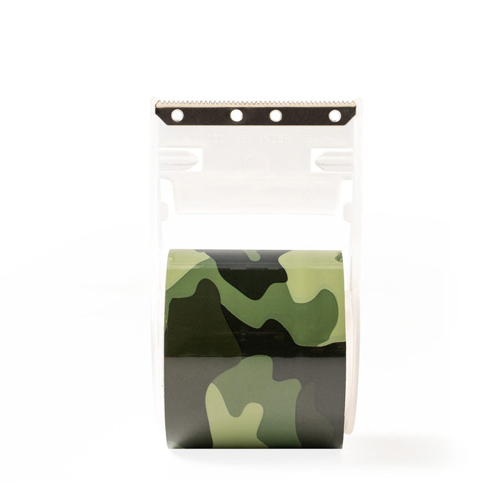 Camouflage-patterned paper roll on a white background