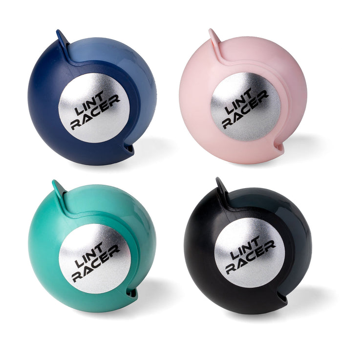 Four Lint Racer products in blue, pink, green, and black on a white background
