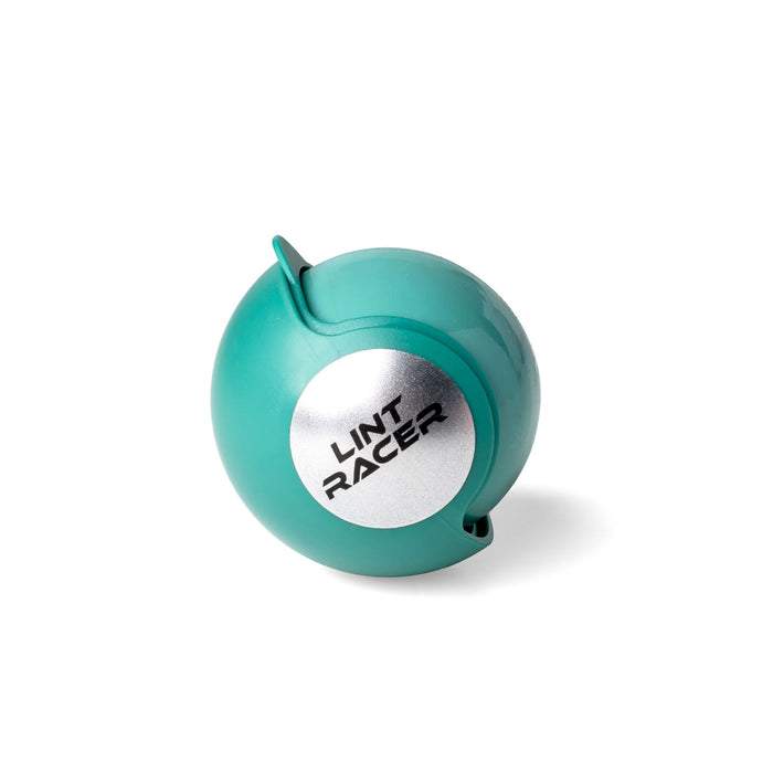 Turquoise ball with a silver top labeled 'Lint Racer' on a white background