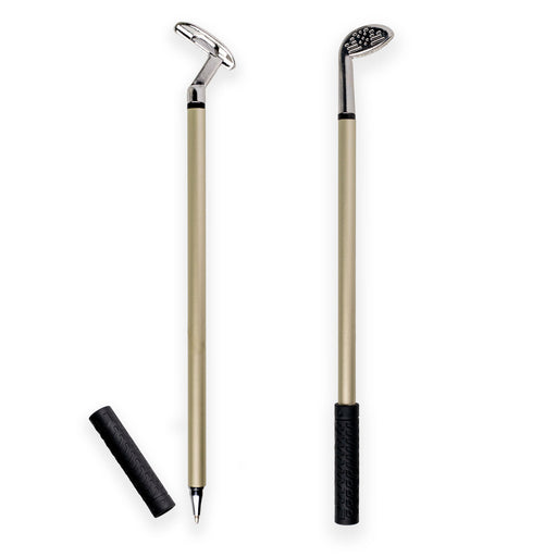 Two extendable pens with gold and black accents on a white background