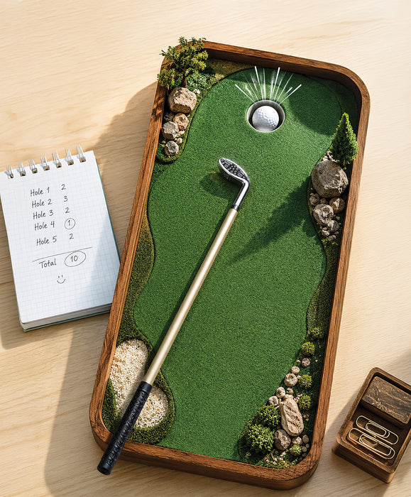 Golf-themed desk organizer with miniature golf course, club, and notepad on a wooden surface.