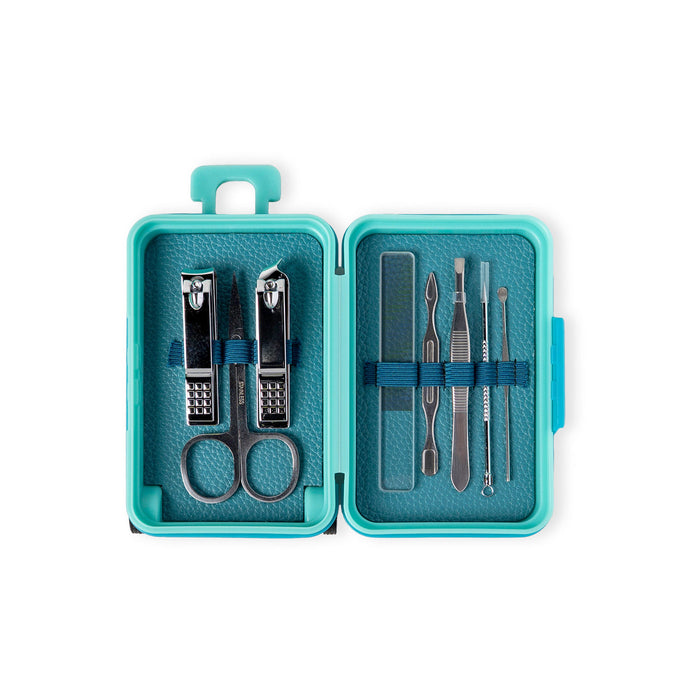 Manicure set with scissors, clippers, and files in a teal case on a white background