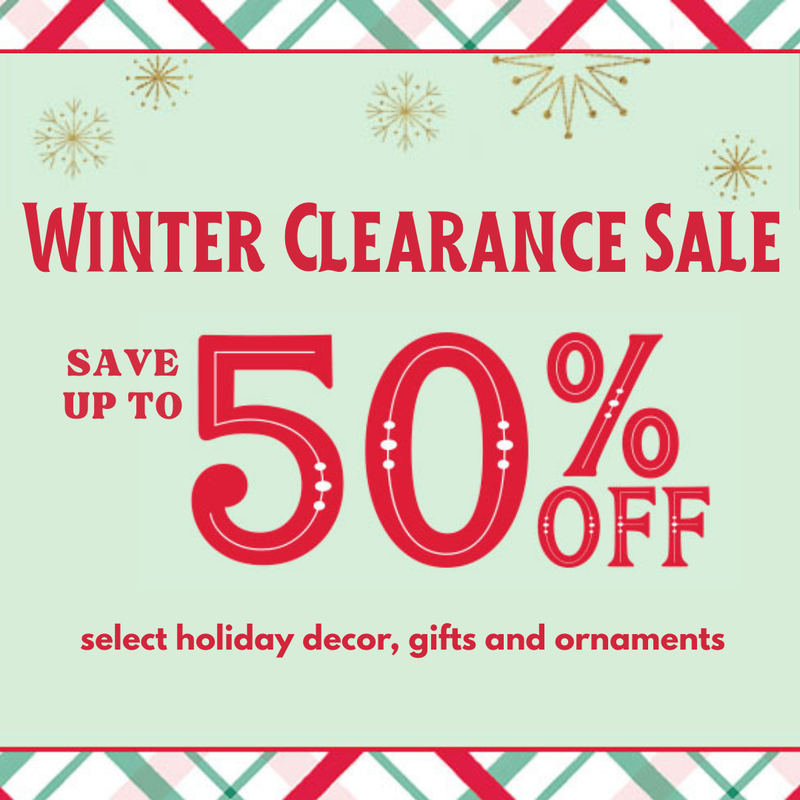 Winter clearance sale advertisement with red text on a light green background
