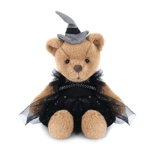 Teddy bear dressed as a witch with a black dress and hat on a white background