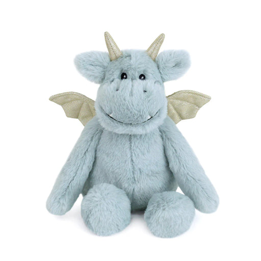 Plush dragon toy with light blue fur, gold horns, and wings on a white background