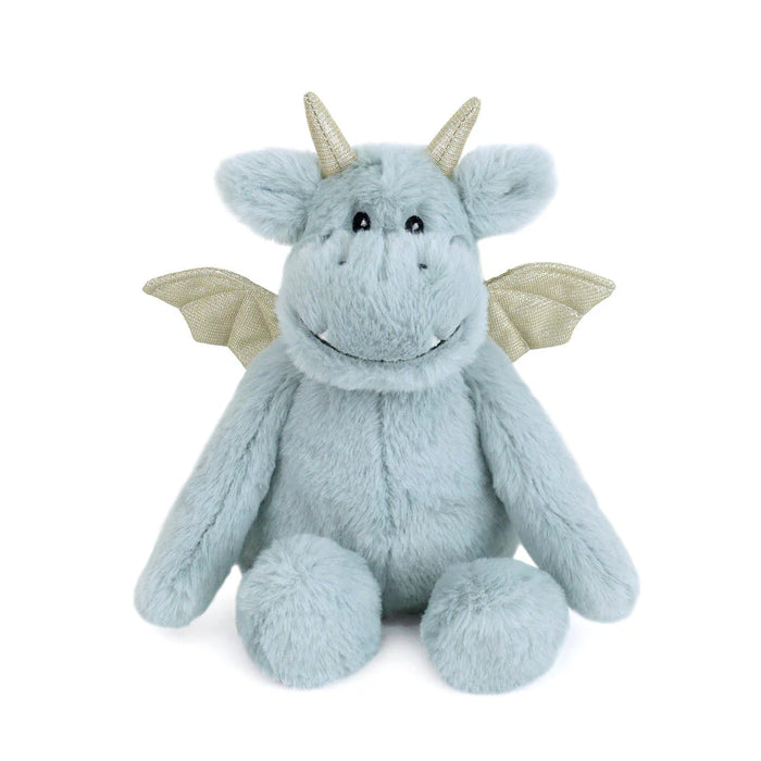 Plush dragon toy with light blue fur, gold horns, and wings on a white background