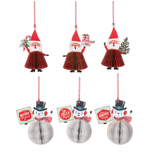 Honeycomb Snowman & Santa Retro Style Ornaments