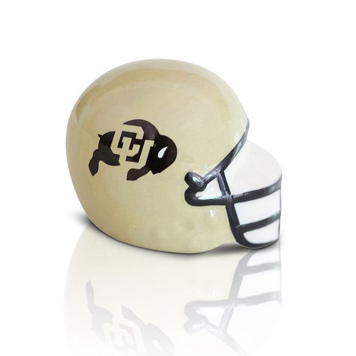 Small beige helmet with a logo on a white background