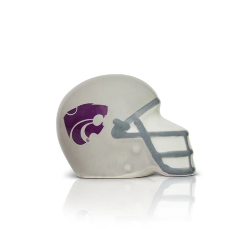 Gray football helmet with purple logo on a white background