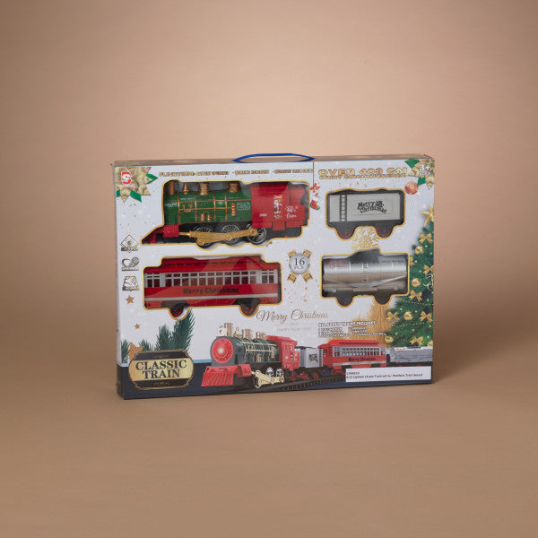Packaged toy train set with Christmas-themed design on a beige background