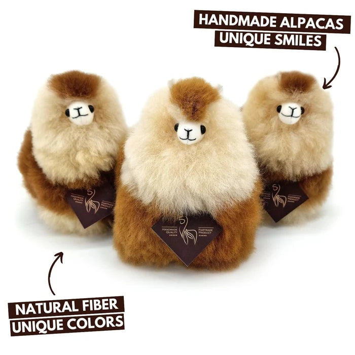 Three handmade alpaca plush toys with fluffy natural fiber fur in brown and cream colors, displayed on a white background with promotional text overlays.