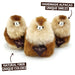 Three handmade alpaca plush toys with fluffy natural fiber fur in brown and cream colors, displayed on a white background with promotional text overlays.