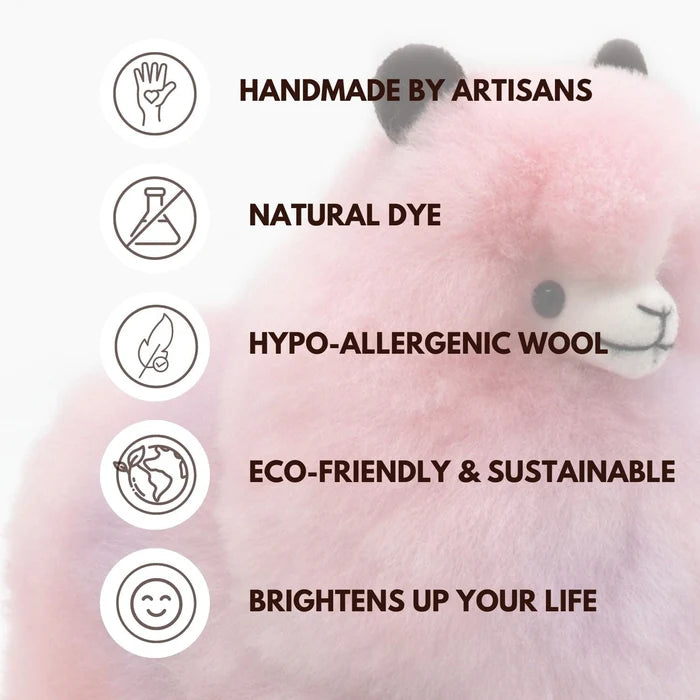 Pink plush toy with sustainability and quality attributes listed on a white background
