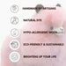 Pink plush toy with sustainability and quality attributes listed on a white background