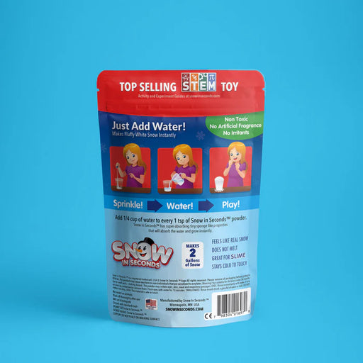 Packaging of Snow in Seconds toy on a blue background