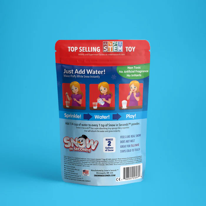 Packaging of Snow in Seconds toy on a blue background