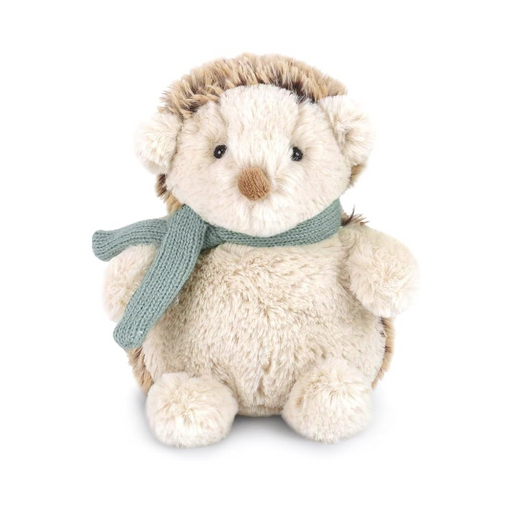Plush toy hedgehog with a green scarf on a white background