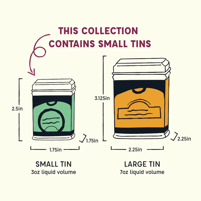 Illustration of small and large tins with dimensions and liquid volume labels on a white background.