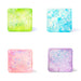 Four square translucent decorative pieces arranged in a 2x2 grid on a white background, each with rounded corners and embedded glitter. The top-left piece is lime green and yellow, the top-right is light blue and aqua, the bottom-left is pink with iridescent sparkle, and the bottom-right is lavender with multicolor glitter.