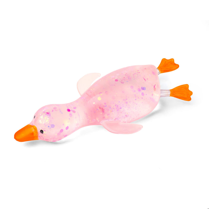 A pink inflatable duck toy with glittery pink interior, orange beak and feet, and clear wings, shown on a white background.