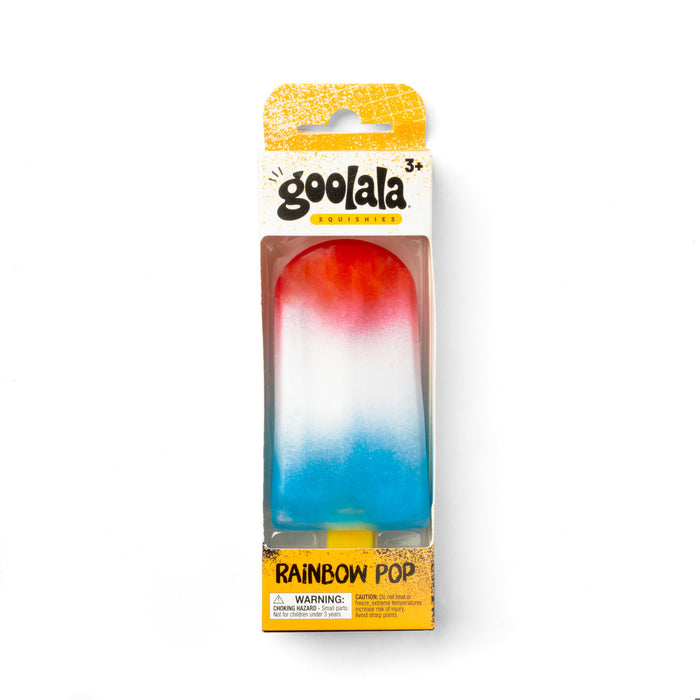 A Goolala Rainbow Pop toy in its original retail packaging, featuring a red, white, and blue gradient popsicle design.