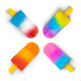 Four colorful tie-dye popsicle-shaped items arranged in a square on a white background, each with a yellow stick.