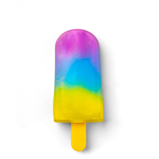 A single popsicle with a bright rainbow gradient from purple at the top to blue and yellow at the bottom, mounted on a yellow stick, isolated on a white background.