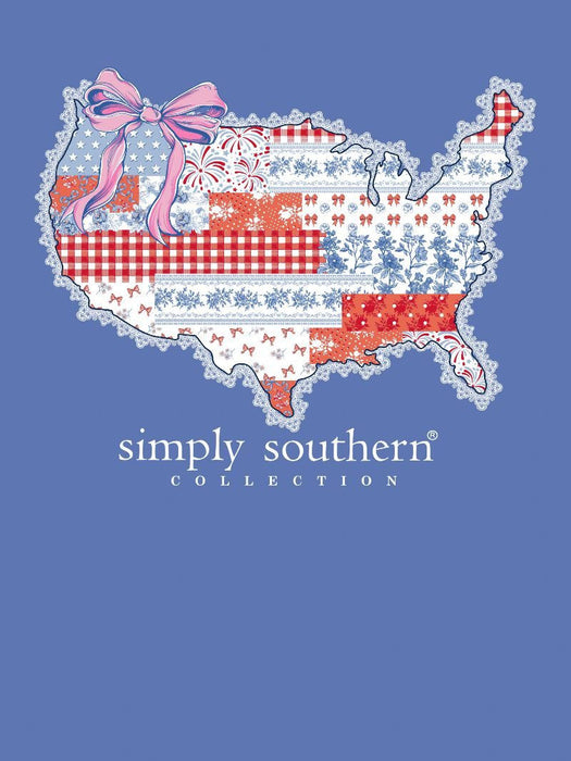 Map of the United States with decorative patterns and 'Simply Southern' branding on a blue background