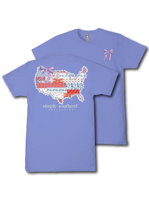 Purple t-shirt with a map of the United States design and 'simply southern' text on a white background