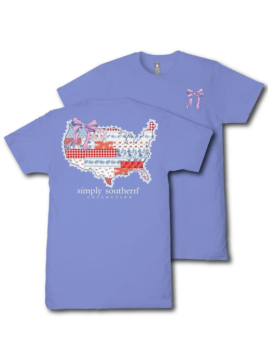 Purple t-shirt with a map of the United States design and 'simply southern' text on a white background